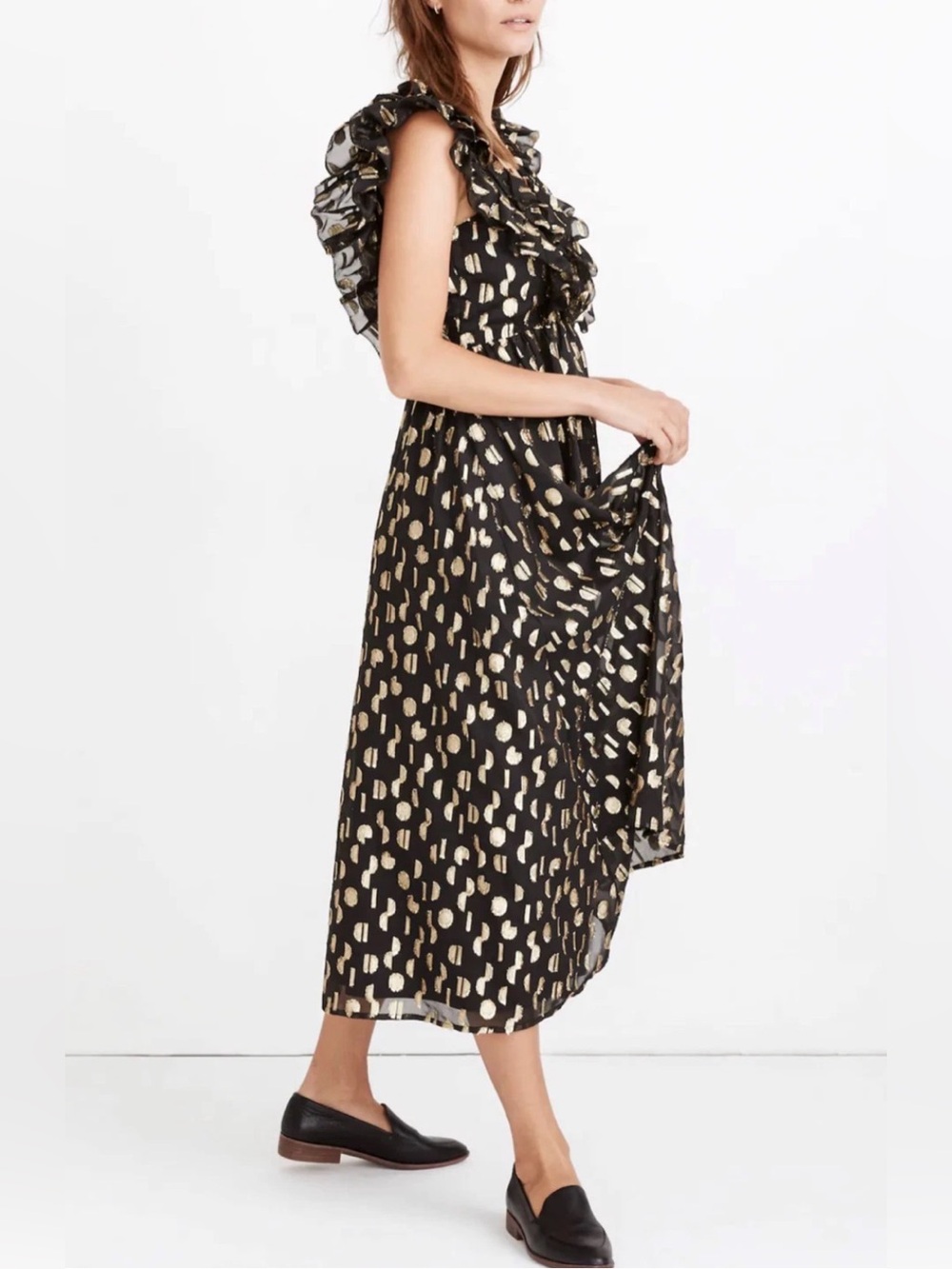 Madewell Metallic Clipdot Open Back Ruffle Maxi Dress Size 0 NWT
